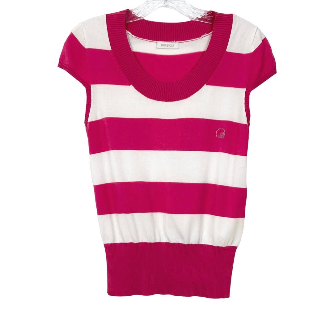 NWOT BOUDOIR Top~S Hot-Pink White Stripe Silver-Glitter-Logo Short-Sleeve Knit